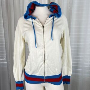 OXKNIT Womens Medium White Cotton Zip Up Hoodie Blue Red Striped Trim Sweater